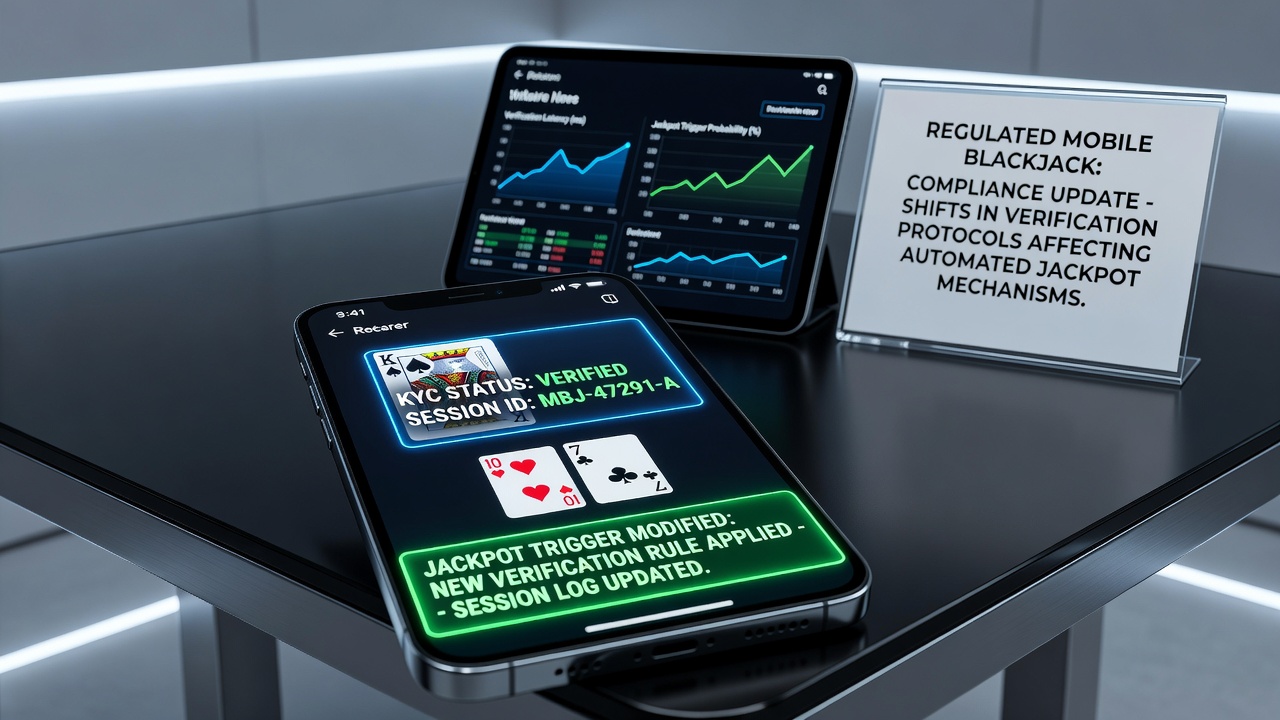 Close-up of regulated mobile blackjack app showing verification status overlay during a jackpot-eligible hand